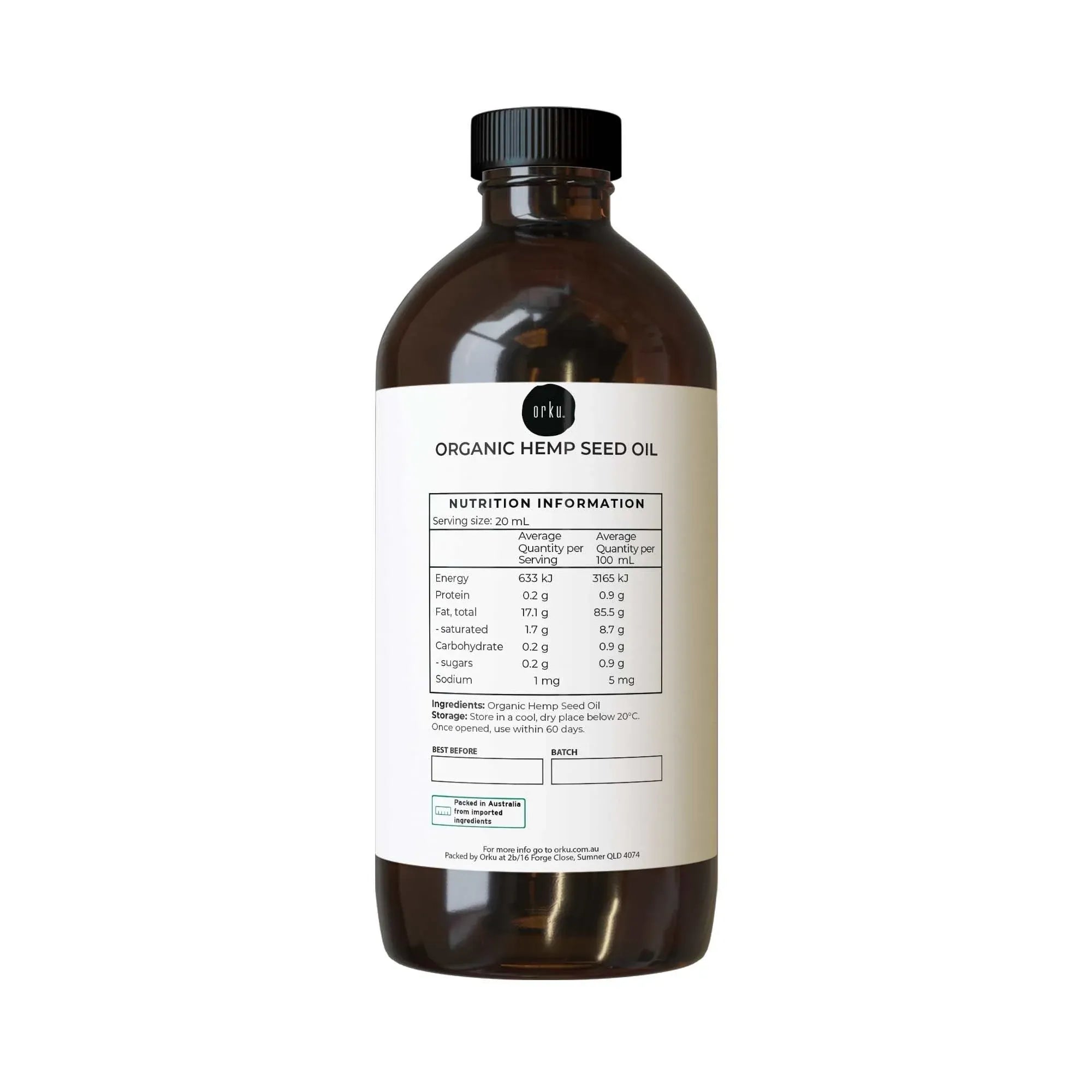 Orku 500ml Organic Hemp Seed Oil - Cold Pressed Food Grade Oils